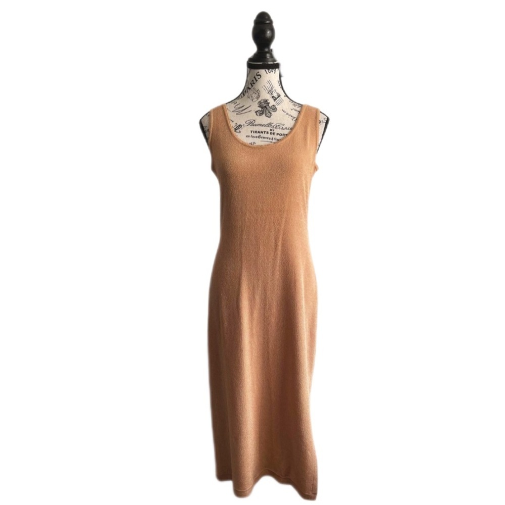 🇨🇦 Vintage 80s Joseph Ribkoff Beige Minimalist bodycon neutral Tan Midi Dress